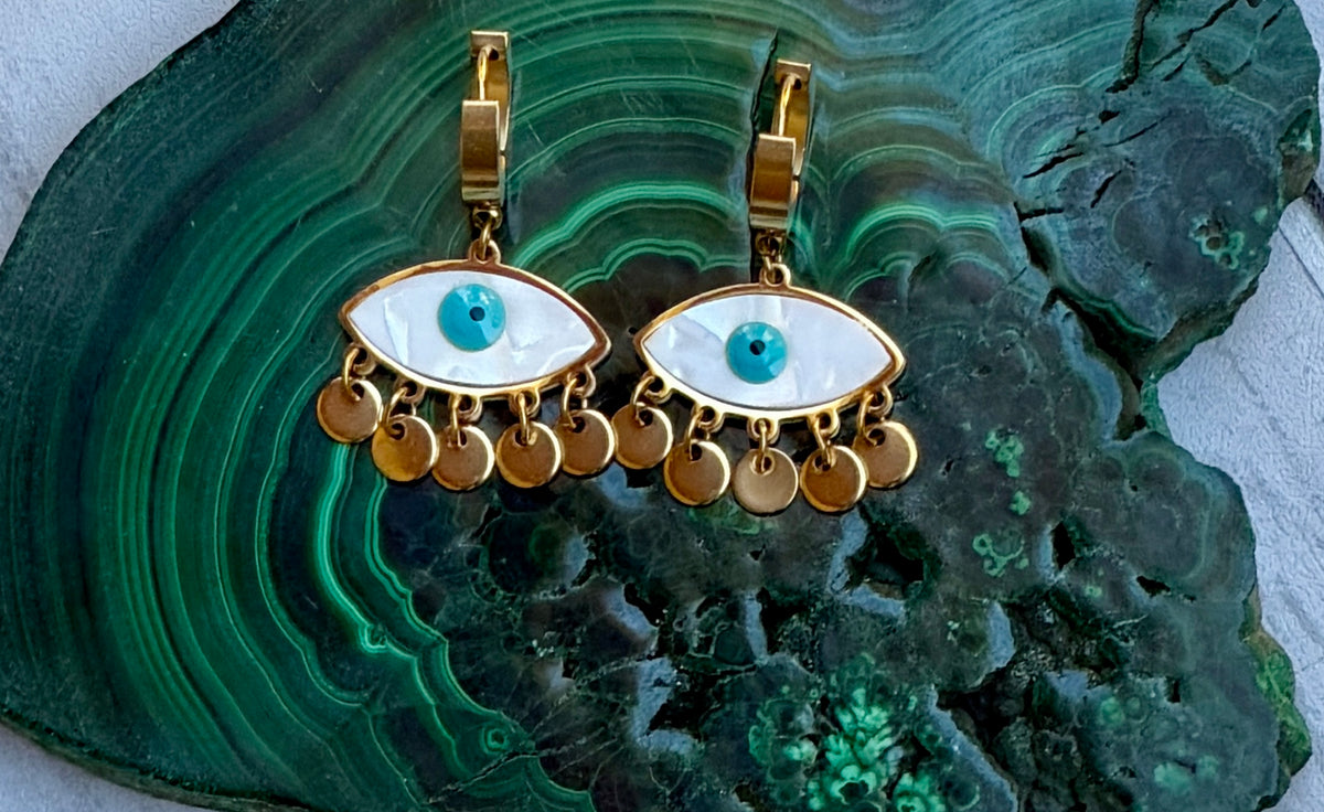 SHELL EVIL EYE GOLD EARRINGS